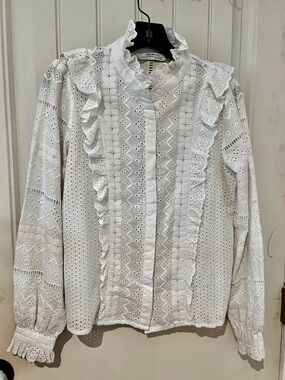 Zara White Eyelet Ruffle-Trim Button Blouse
